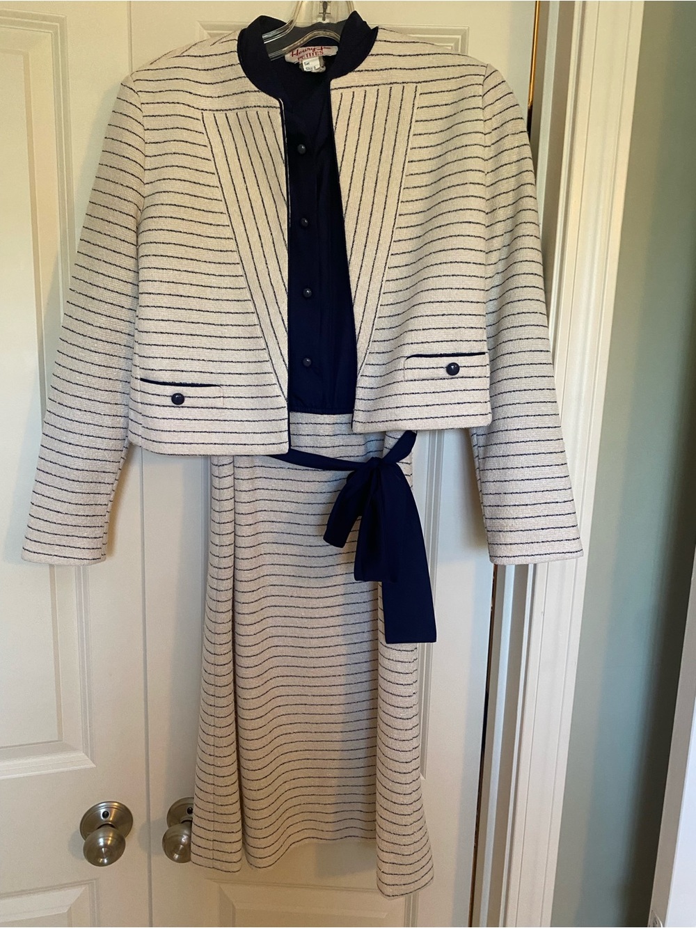 Vintage Henry Lee Petites Striped Cream & Navy Two-Piece Dress and Jacket Set 6